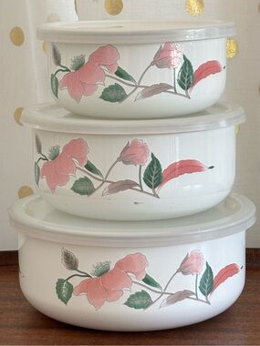 Vintage Mikasa Silk Flowers 3 Piece Metal Nesting Bowls/Lids Pink/Green Floral